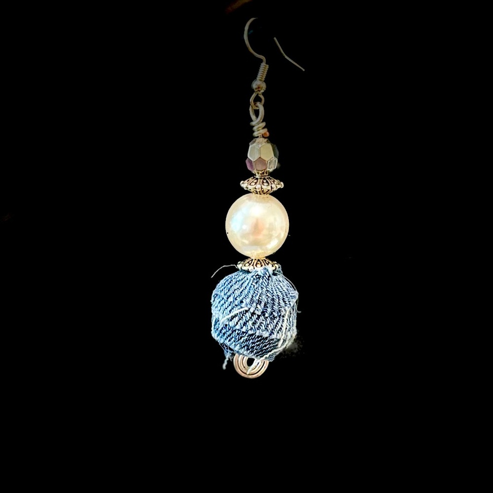 Handcrafted Upcycled Denim Earring wrapped beads and pearls.